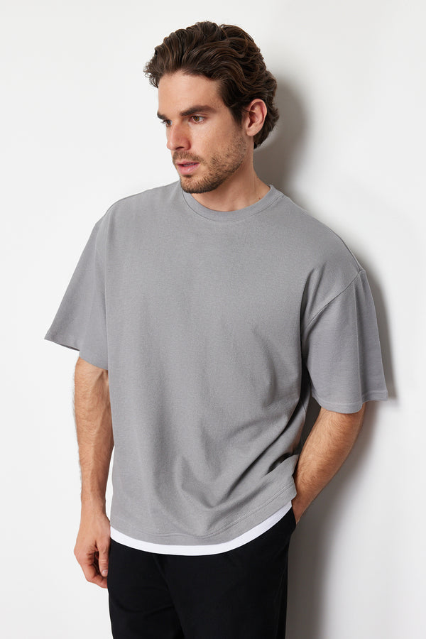 Trendyol Man Men's Gray Textured Short Oversize T-Shirt