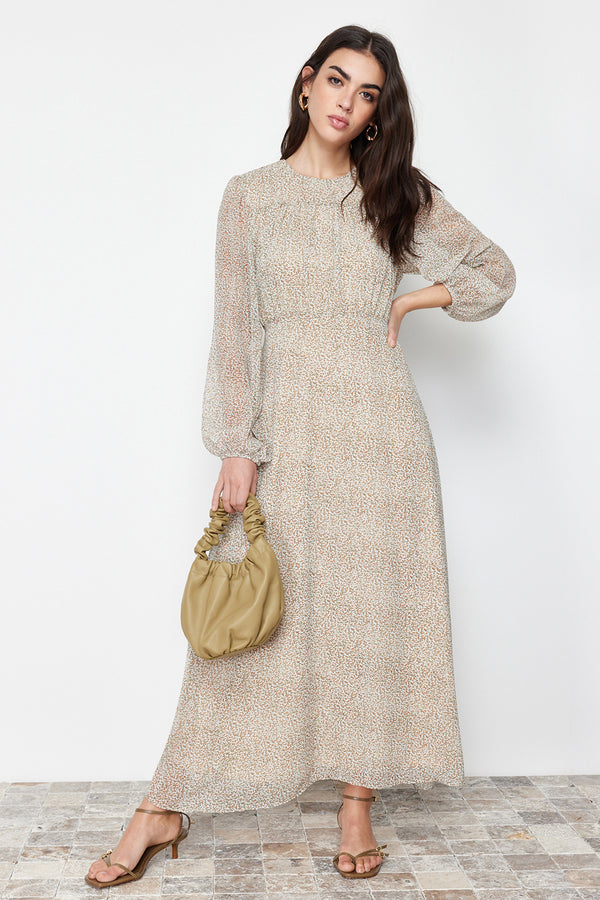 فستان ترينديول نسائي طويل كاجوال عادي طويل مزين بالورود باللون البيج