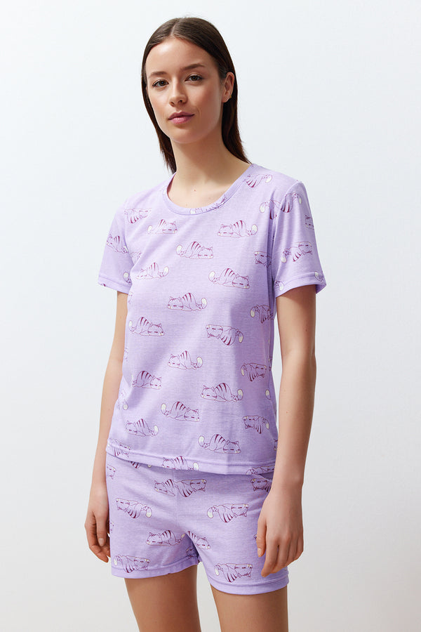 Trendyolmilla Women's Purple Animal Short Lounge/home Regular Pajama Set
