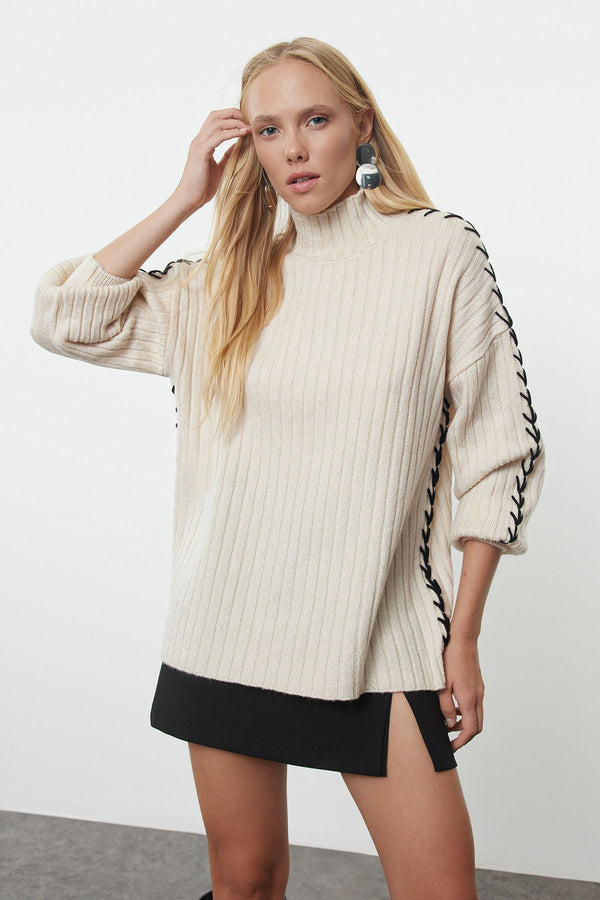 Trendyolmilla Women's Beige Color Blocked Long Regular Jumper