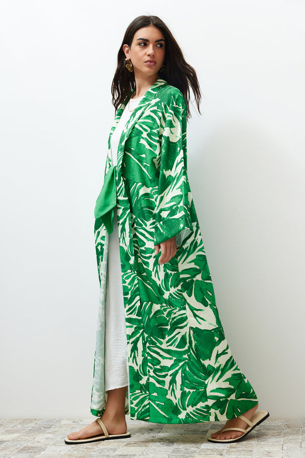 Trendyol Mütevazı Kadınlar Tropikal Uzun Rahat Kimono ve Kaftan