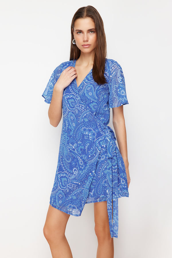 Trendyolmilla Women's Blau Muster Mini Short Evening / Daily Wrapover Dresses