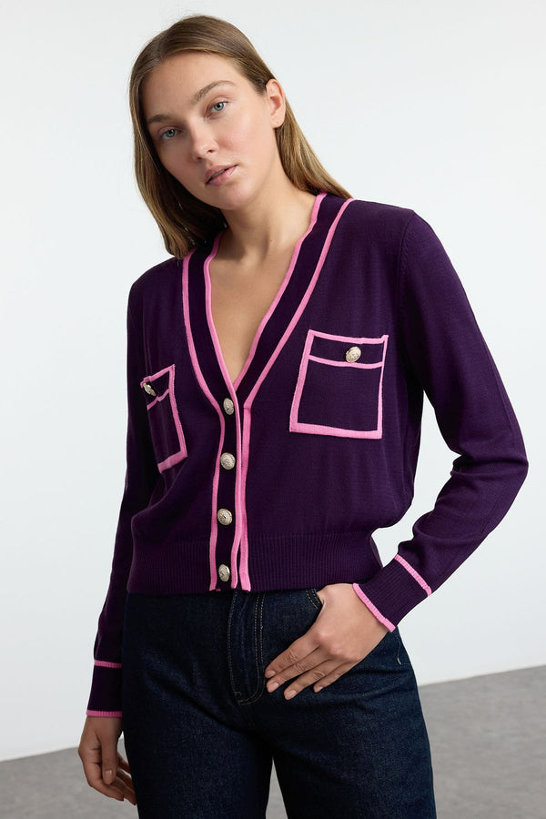 Trendyolmilla Women's Purple Color Blocked Long Regular Cardigan