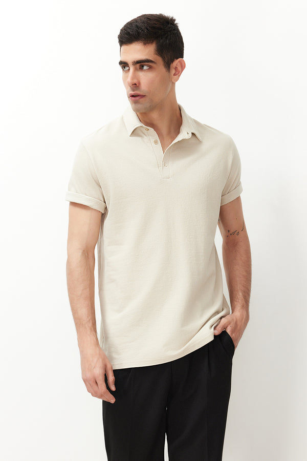 Trendyol Man Men's Beige Unifarben Short Oversize Polo Collar T-Shirts