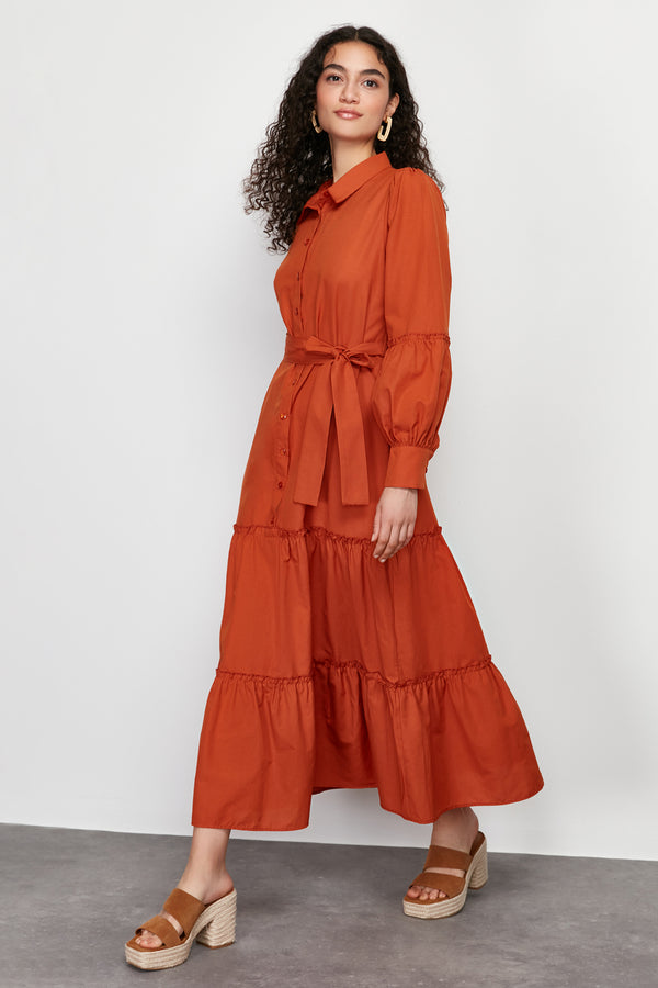 فساتين Trendyol Modest النسائية البرتقالية Unifarben Maxi الطويلة غير الرسمية ذات المقاس العادي فساتين الموضة المحتشمة