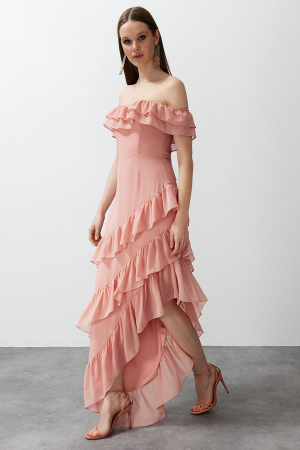فستان Trendyolmilla نسائي وردي طويل من Unifarben للتخرج / الحفلات الراقصة مناسب للسهرات والحفلات الراقصة