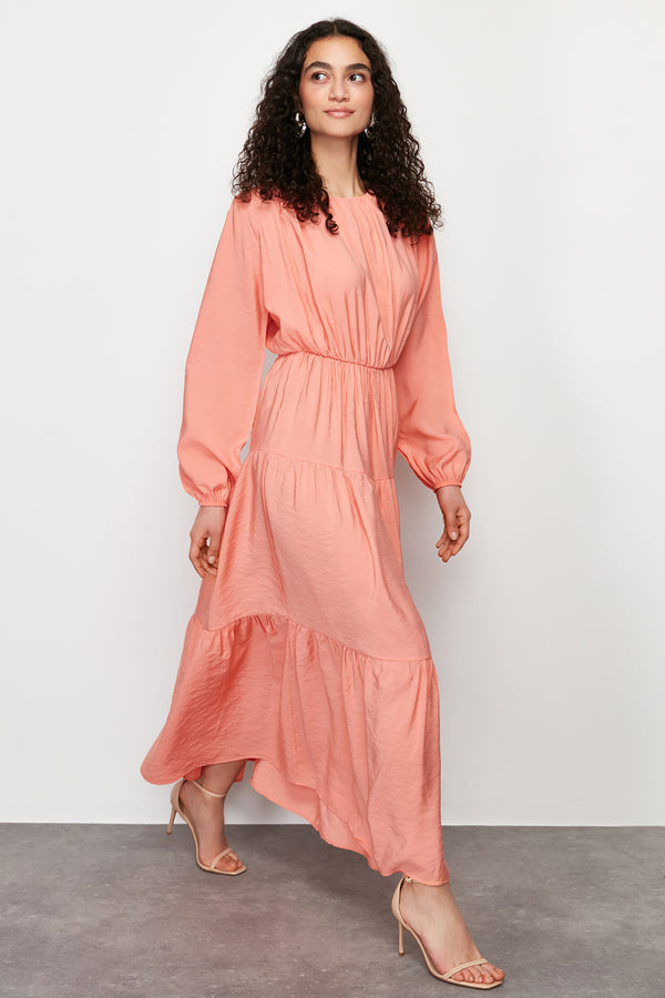 فساتين Trendyol Modest النسائية البرتقالية Unifarben Maxi الطويلة غير الرسمية ذات المقاس العادي فساتين الموضة المحتشمة
