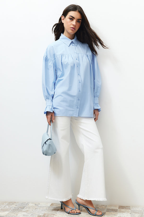 Trendyol Modest Women's Navy Blue Plain Long Relaxed Shirt