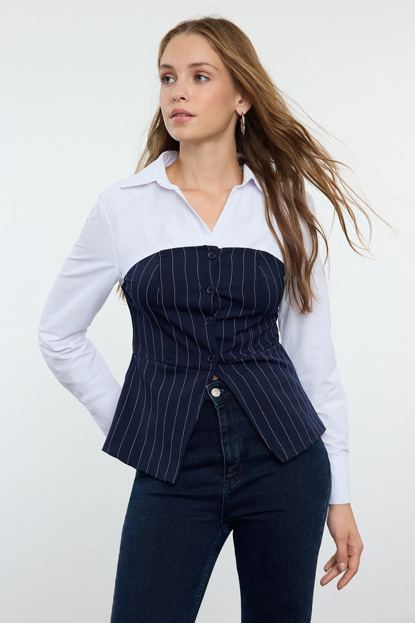 Trendyolmilla Women's Navy Blue Striped Long Slim Shirt