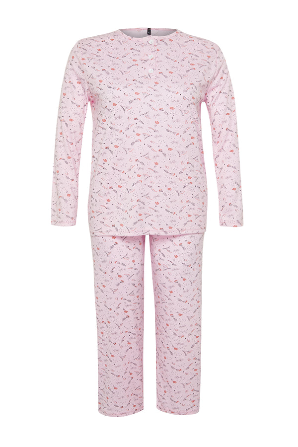 Trendyol Curve Women's Floral Long Fitted Plus Size Pajamas Set