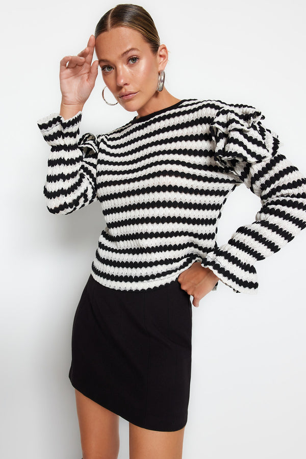 TRENDYOLMİLLA Ruffled Cotton Striped Knitwear Sweater TWOAW24KZ00149
