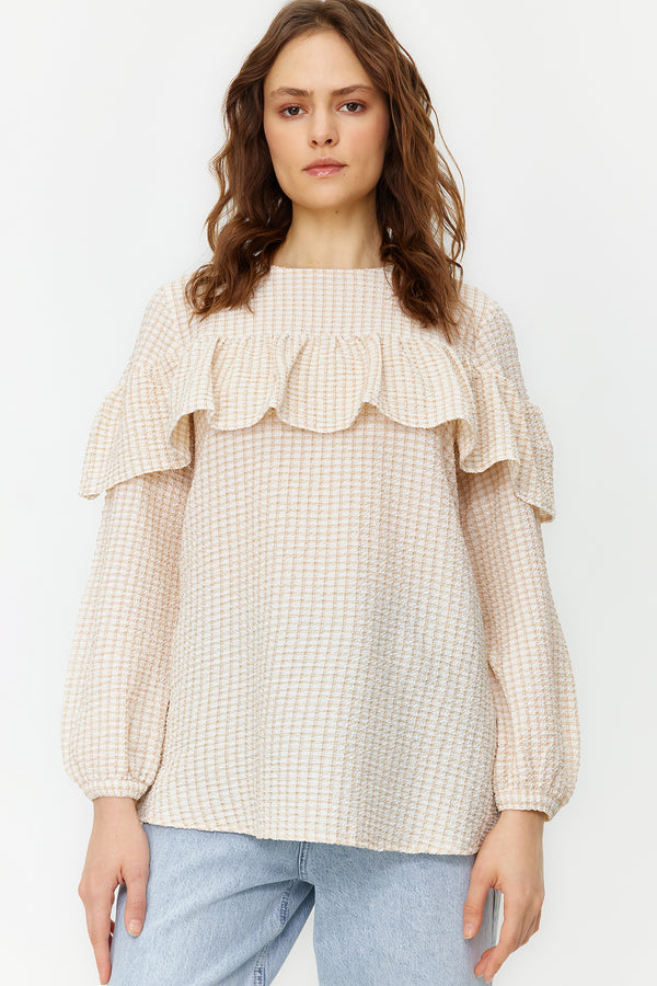 Trendyol Modest Women's Beige Plaid / Checkered Long Sleeve Regular Tunic