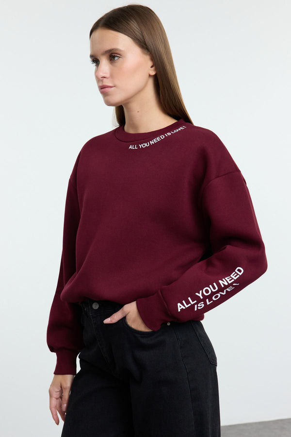 Trendyolmilla Women's Burgundy Slogan Long Regular Sweatshirt