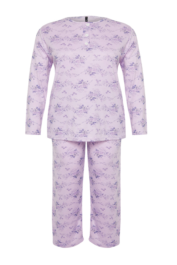 Trendyol Curve Women's Lila Floral Long Fitted Plus Size Pajamas Set