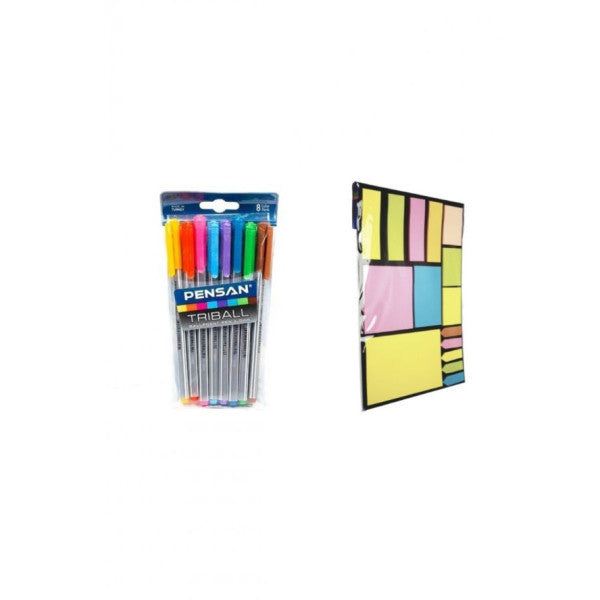 Pensan 1 Piece Triball 8 Color Ballpoint Pen + 1 Piece Tgb Post-It Set