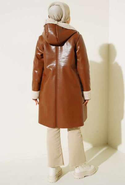 Full-length Zippered Fur Inside Leather Coat Tan