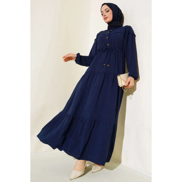 Half Buttoned Layered Dress Navy Blue