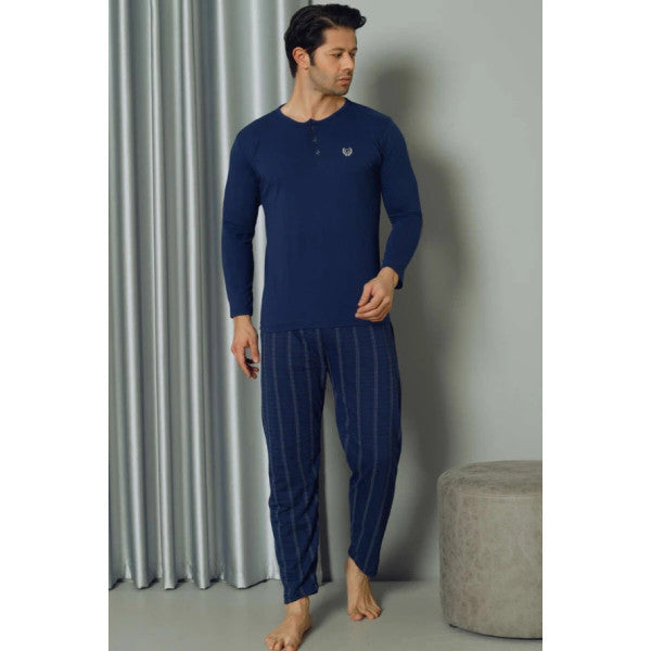 Plaid Pattern Half Buttoned Long Sleeve Men's Pajama Set Indigo