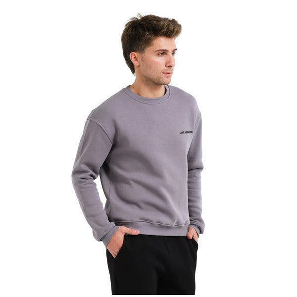 Justever Crew Neck Embroidered Raised Fleece Inside Gray Men's Sweatshirt - Volar