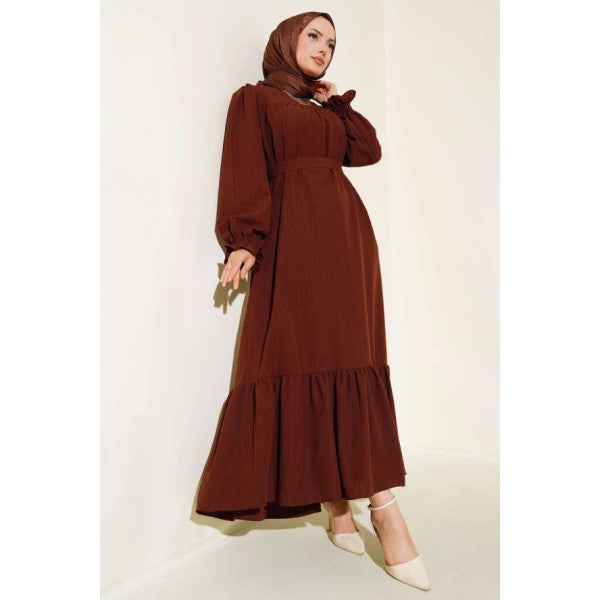 Long Sleeve Gimped Floor Dress Brown