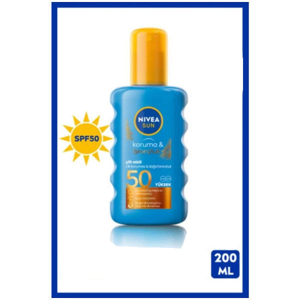 Nivea Sun Double Effect High Protection And Bronze Sun Spray 200Ml, Spf50, Natural Bronze, Water Resistant