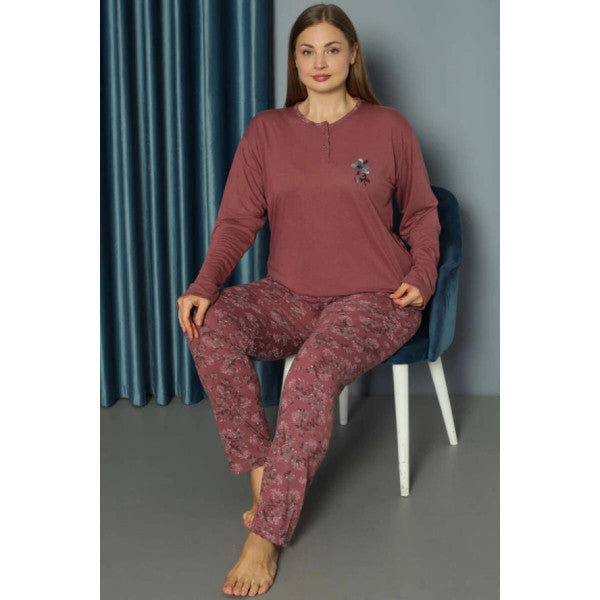 Floral Embroidered Plus Size Pajama Set Magenta