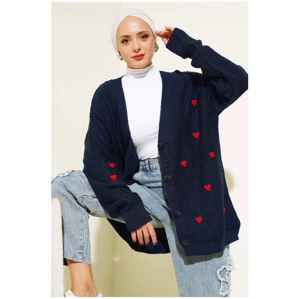 Heart Embroidered Knitwear Cardigan Navy Blue