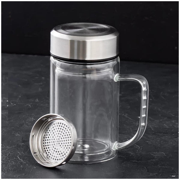 Porsima By-84 Double Walled Strainer Mug Metal Lid Handle Borosilicate Herbal Tea Glass Tea Coffee Cup