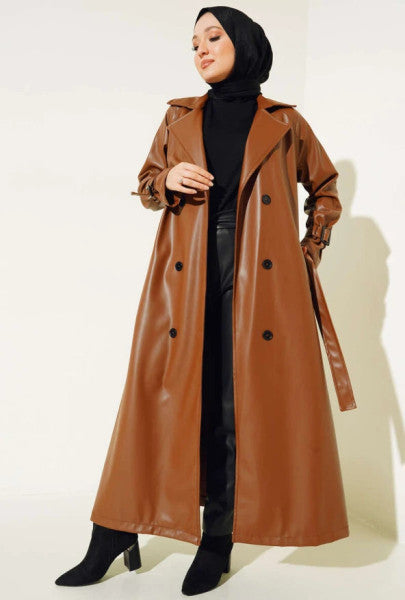 Buttoned Belted Leather Trench Coat Tan