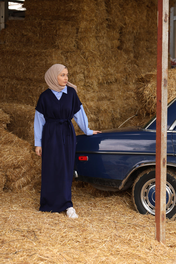 24001 Women's Shirt Garnish Knit Dress Navy Blue