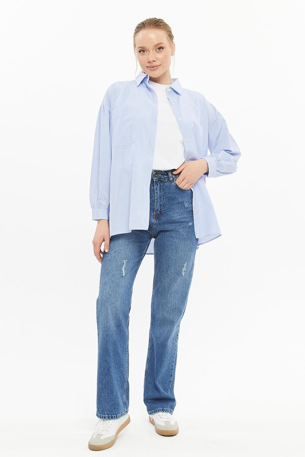 24020 Women's Oversize Balloon Sleeve Shirt Blue