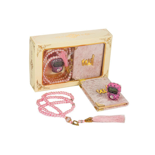 Stone Chanting - Mini Velvet Yasin - Gift Set With Pearl Prayer Beads - Pink Color