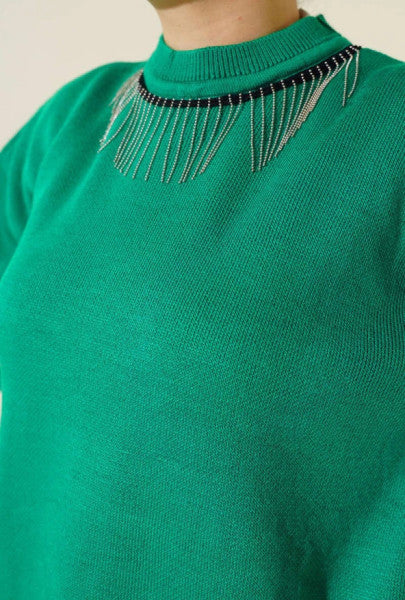 Knitwear Double Suit with Chain Detail on the Collar, Emerald