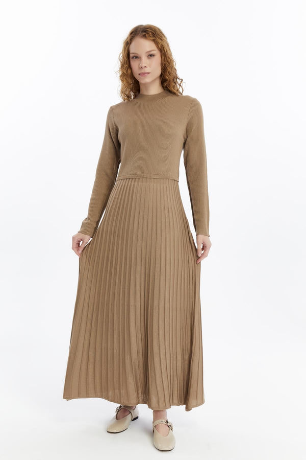 25004 Women's Pleated Skirt, Corduroy, Thin Seasonal Cold Yarn Knitwear Dress, Mink