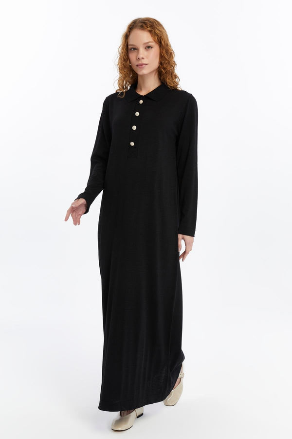25006 Women's Shirt Collar Detailed Half Placket Thin Seasonal Cold Yarn Knitwear Dress Black