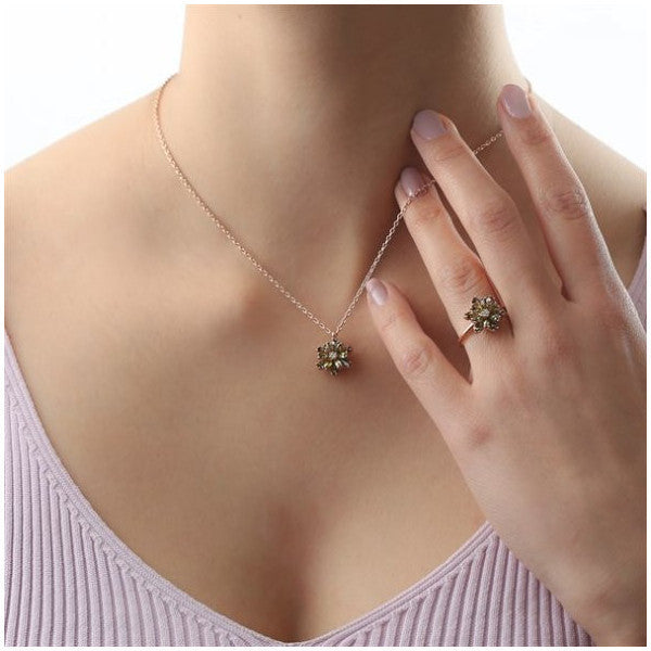 Silver Green Stone Lotus Flower Necklace Ring Mini Set