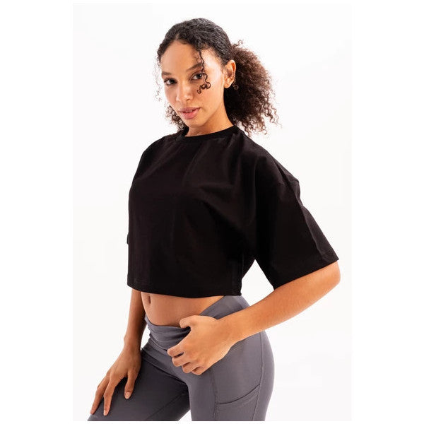 Justever 100% Cotton Crop Crew Neck Black Women's T-Shirt - Maia