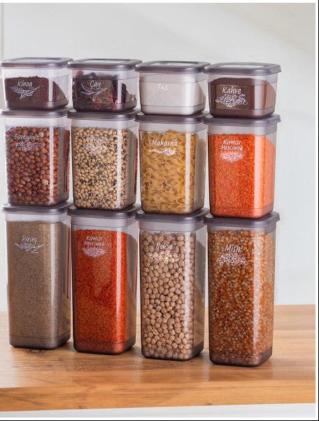 Porsima 433-Gr 12 Pieces Multi-Purpose Square Food Spice Storage Container Set 1.90 1.30 0.60 Lt -Gray