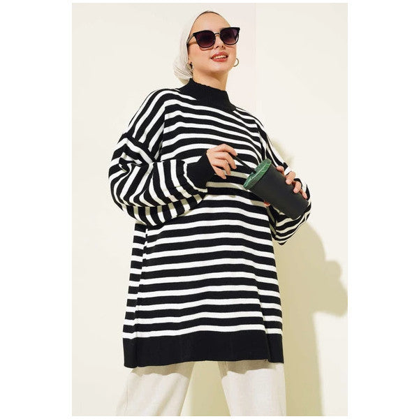 Balloon Sleeve Striped Knit Tunic Black