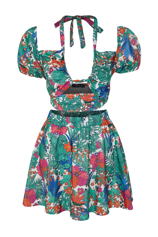 Tropical Pattern Woven Cut Out/Window Blouse and Skirt Set TBESS23AU00180