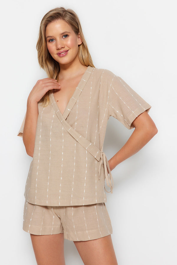 Trendyolmilla Striped 100% Cotton T-Shirt-Shorts Woven Pajamas Set Thmss23Pt00229
