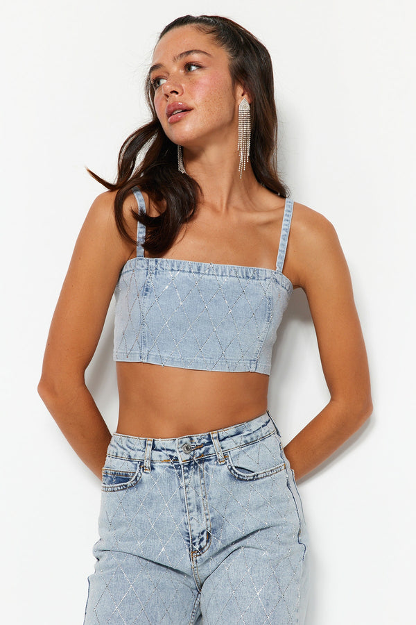 TRENDYOLMİLLA Crop Denim Shiny Stone Bustier TPRSS23BS00116