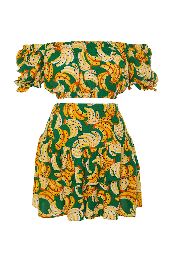 TRENDYOLMİLLA Floral Patterned Woven Ruffle Blouse Skirt Set TBESS23AU00164