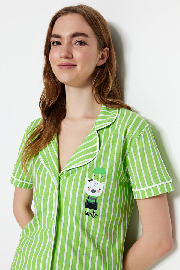 TRENDYOLMİLLA Striped Animal Printed Shirt-Pants Knitted Pajamas Set THMSS21PT0878