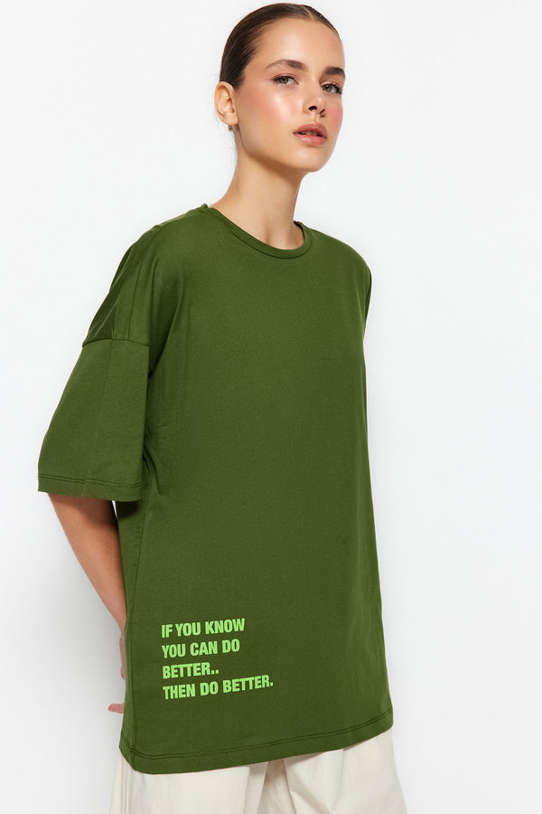 Trendyolmilla Slogan Printed Oversized Knitted T-Shirt Twoss23Ts00183