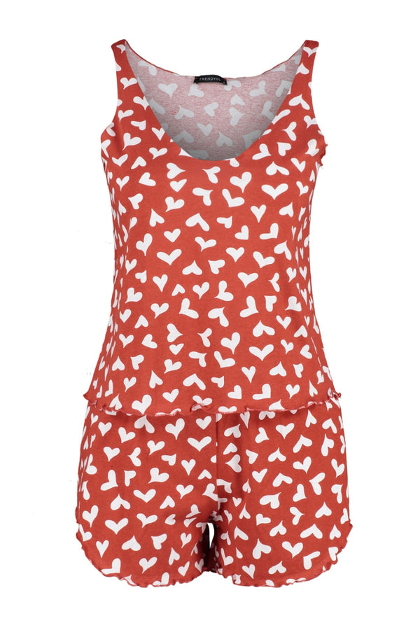 Trendyolmilla Heart Patterned Cotton Singlet-Shorts Knitted Pajamas Set Thmss23Pt00199