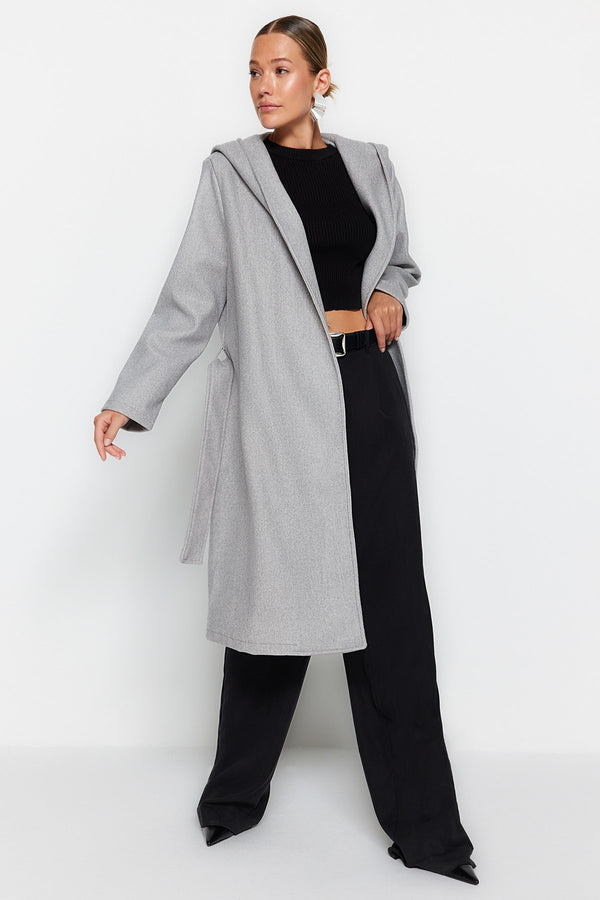 TRENDYOLMİLLA Oversize Hooded Belted Standard Size Stamp Coat