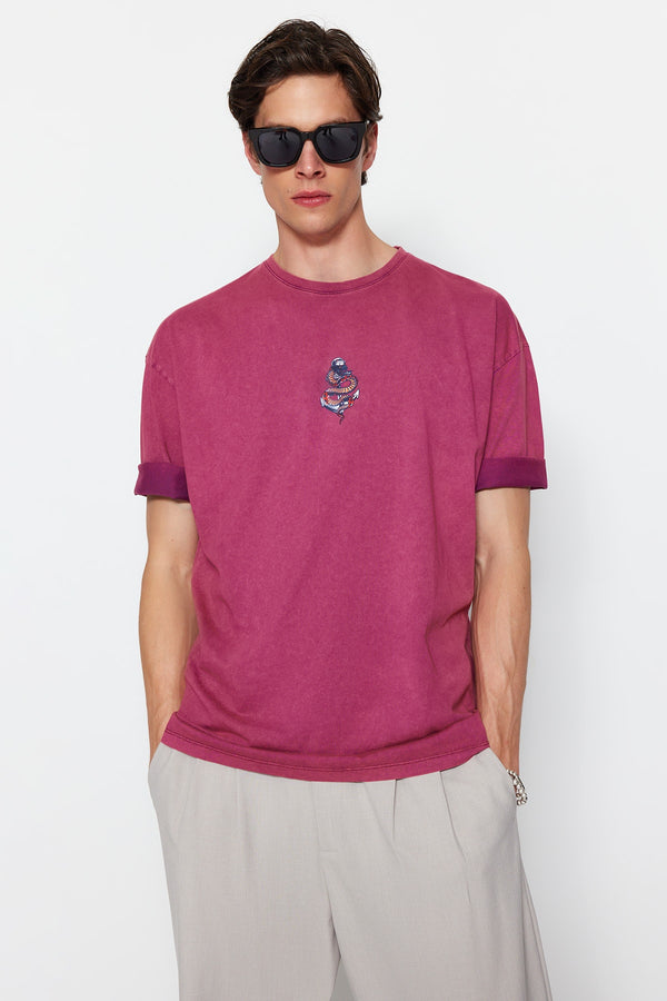 Trendyol Man Claret Red Men's Oversize Crew Neck Short Sleeve Snake Printed Wash Effect 100% Cotton T-Shirt