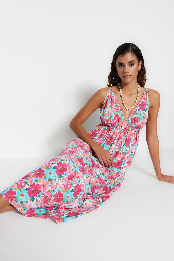 Trendyolmilla Pink Floral Pattern Viscose Beach Dress Tbess23El00146