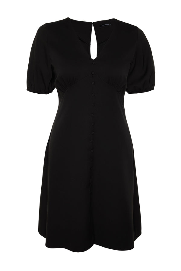 Black Buttoned Slit Detailed Woven Dress TBBSS23AH00257